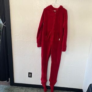 Cozy Red Hooded Zip-Front Plush Onesie